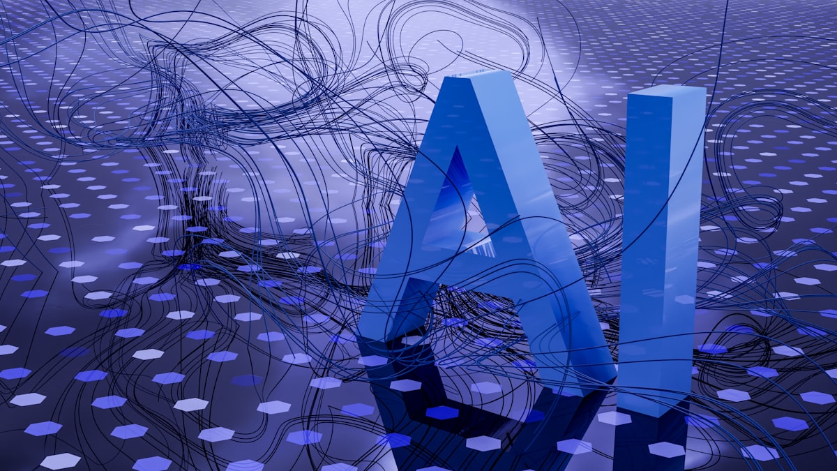 Letras AI em 3D representando inteligência artificial